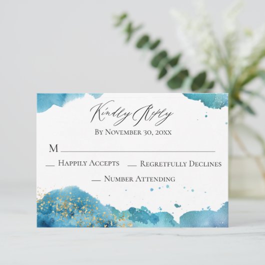 *~* Abstract Beach Glitter Wave Wedding RSVP Antwo (Staand voorkant)