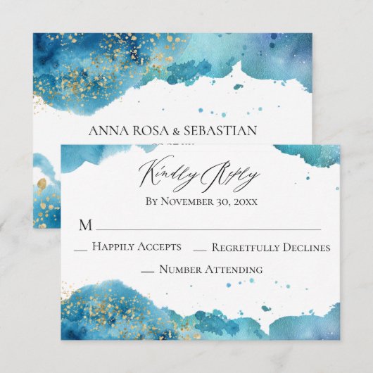 *~* Abstract Beach Glitter Wave Wedding RSVP Antwo (Voorkant / Achterkant)