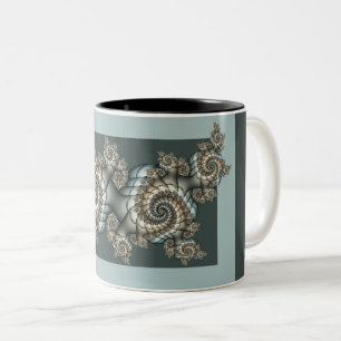Abstract Beige Lichtblauwe Fractale Kunst Spiralen Tweekleurige Koffiemok