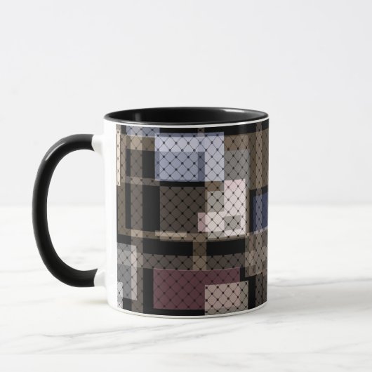 Abstract, beige, zwart, gelooid mok (Links)