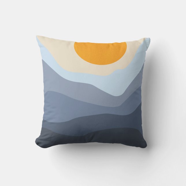 Abstract Berglandschap Blauw Geel Zon Boho Kussen (Voorkant)