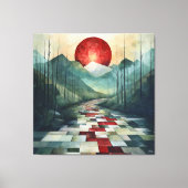 Abstract bergpad met rode zon en geometrische canvas afdruk (Voorkant)