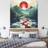 Abstract bergpad met rode zon en geometrische canvas afdruk (Insitu (Slaapkamer))