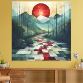 Abstract bergpad met rode zon en geometrische canvas afdruk (Insitu (Woonkamer))
