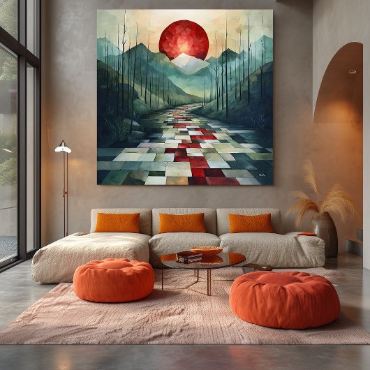 Abstract bergpad met rode zon en geometrische canvas afdruk