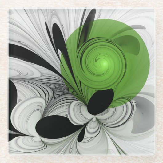Abstract Black and White with Green Fractal Art Glazen Onderzetter (Voorkant)