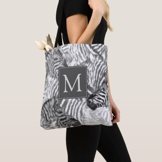 Abstract Black and White Zebra Art Monogram Tote Bag (Dichtbij)