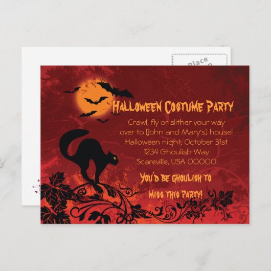 Abstract Black Cat and Bats Halloween Party Invite Uitnodiging Briefkaart (Voorkant / Achterkant)