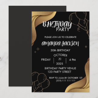 Abstract Black Gold 30th Birthday Invitation Kaart