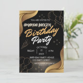 Abstract Black Gold Swirl Birthday Invitation Kaart (Staand voorkant)