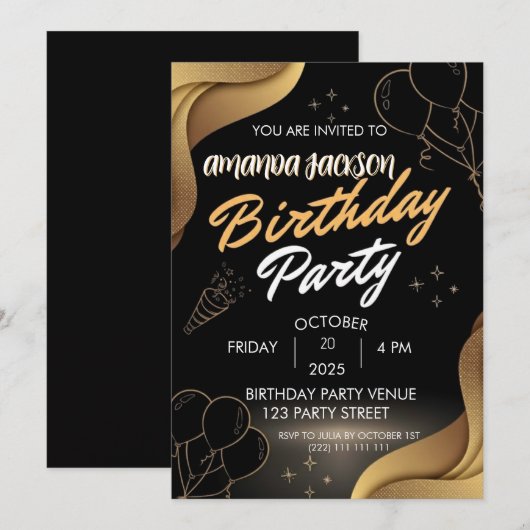 Abstract Black Gold Swirl Birthday Invitation Kaart (Voorkant / Achterkant)