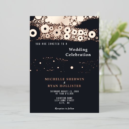 Abstract Black Moody Pattern Roos Gold Wedding Folie Uitnodiging (Staand Voorkant)