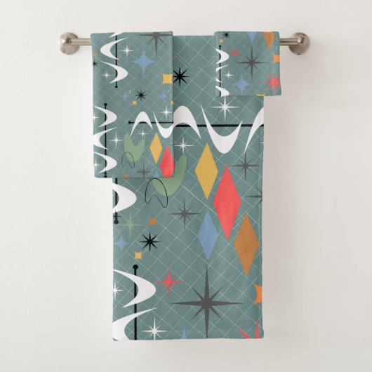 Abstract blauw atoomiconisch hedendaags patroon bad handdoek (Insitu)