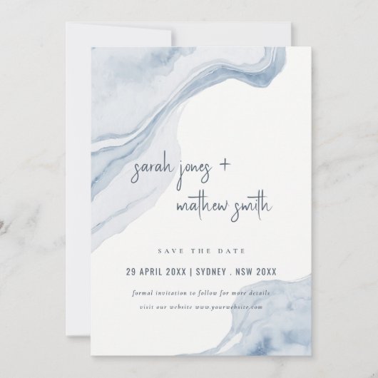 Abstract Blauw Beige Zee Waves Zand Beach Bruiloft Save The Date (Voorkant)