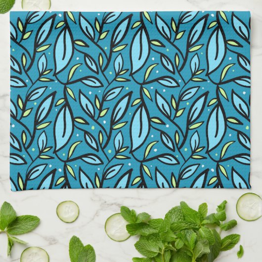 Abstract blauw blad douchegordijn theedoek (Gevouwen)