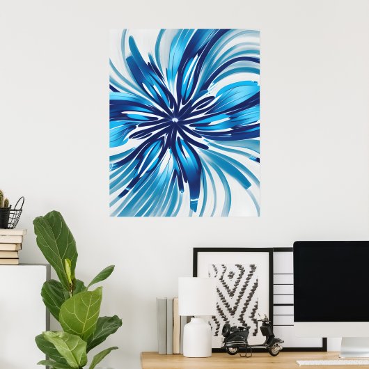 Abstract Blauw Bloem Art Deco Poster (Thuiskantoor)