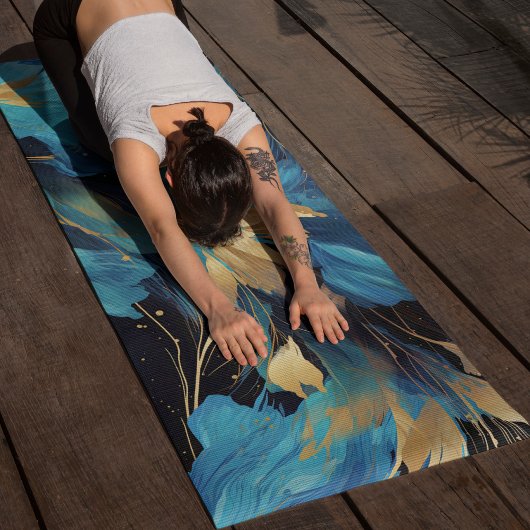 Abstract Blauw Bloem Gouden Bloem Elegant Patroon Yogamat