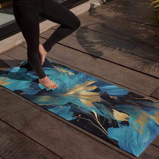 Abstract Blauw Bloem Gouden Bloem Elegant Patroon Yogamat