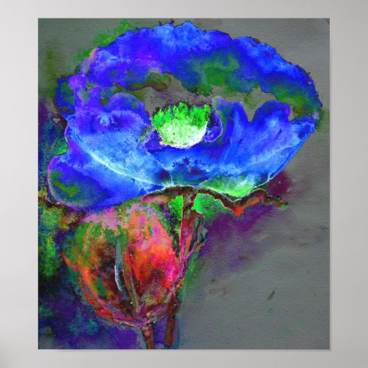 Abstract blauw bloemenblauw waterverf papaver poster (Voorkant)