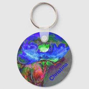 Abstract blauw bloemenblauw waterverf papaver sleutelhanger