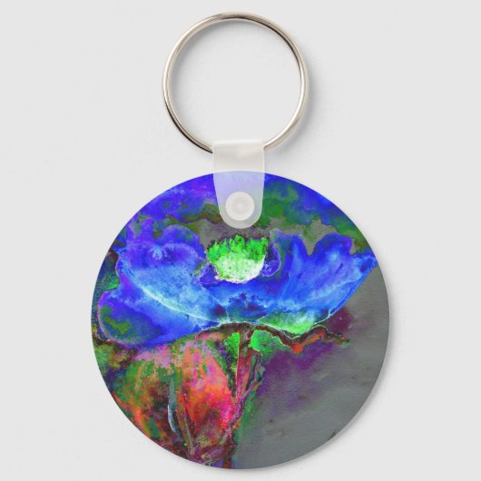 Abstract blauw bloemenblauw waterverf papaver sleutelhanger (Voorkant)