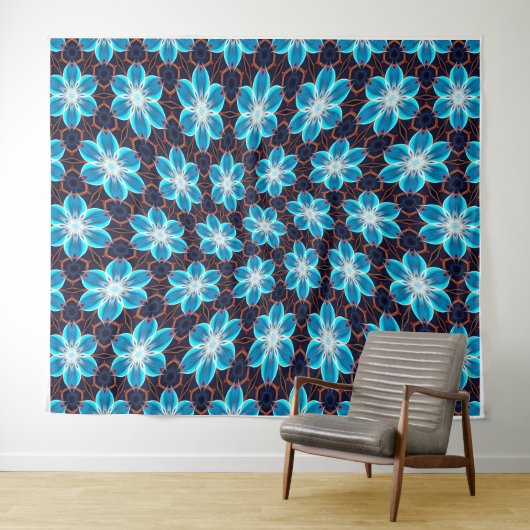 Abstract blauw bloemenpatroon wandkleed (In Situ (horizontaal))