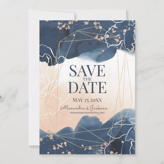 Abstract Blauw Blozen Goud Aquarel Luxe Save The Date (Voorkant)