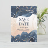 Abstract Blauw Blozen Goud Aquarel Luxe Save The Date (Staand voorkant)