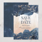 Abstract Blauw Blozen Goud Aquarel Luxe Save The Date (Voorkant / Achterkant)