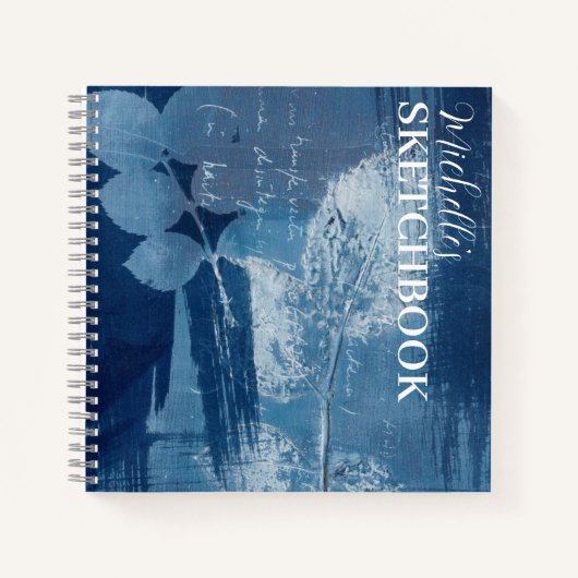 Abstract Blauw Botanisch Schetsboek Monogram Notitieboek (Voorkant)