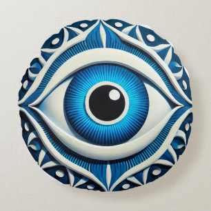 Abstract Blauw Boze Oog Symbool Bescherming Stijl  Rond Kussen