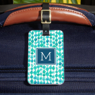 Abstract Blauw en Aqua Waterverf Monogrammed Bagagelabel