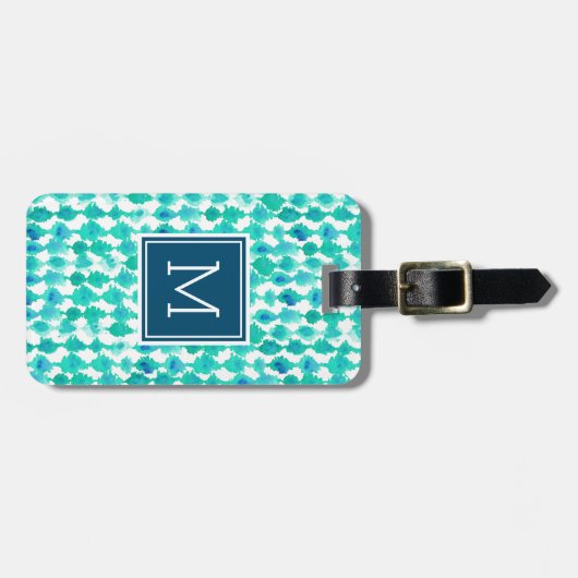 Abstract Blauw en Aqua Waterverf Monogrammed Bagagelabel (Voorkant horizontaal)
