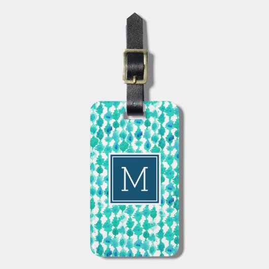 Abstract Blauw en Aqua Waterverf Monogrammed Bagagelabel (Voorkant verticaal)