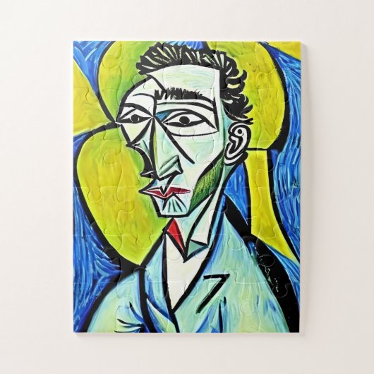 Abstract Blauw en Geel Kunst Man Grappig Portret Legpuzzel (Verticaal)