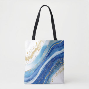 Abstract blauw en goud marmeren patroon tote bag