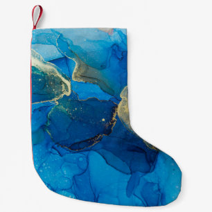 Abstract blauw en goudfragment van kleurrijke rugg kleine kerstsok