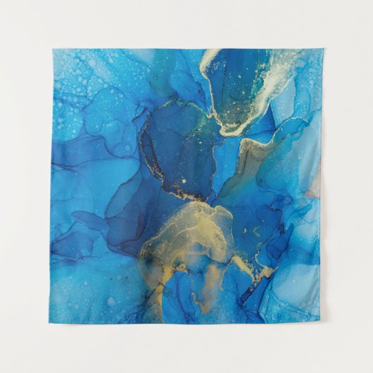 Abstract blauw en goudfragment van kleurrijke rugg wandkleed (Voorkant (horizontaal))