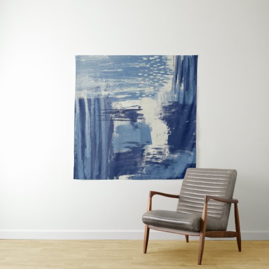 Abstract blauw en ivoor mixed media wandkleed (In Situ (horizontaal))