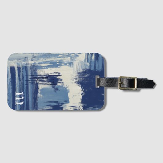 Abstract Blauw en Ivoorkleurig Mixed Media Bagagelabel (Voorkant (horizontaal))