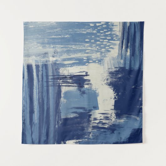 Abstract Blauw en Ivoorkleurig Mixed Media Wandkleed (Voorkant (horizontaal))