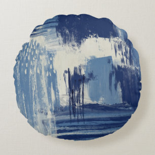 Abstract Blauw en Ivoorkleurig Rond Kussen