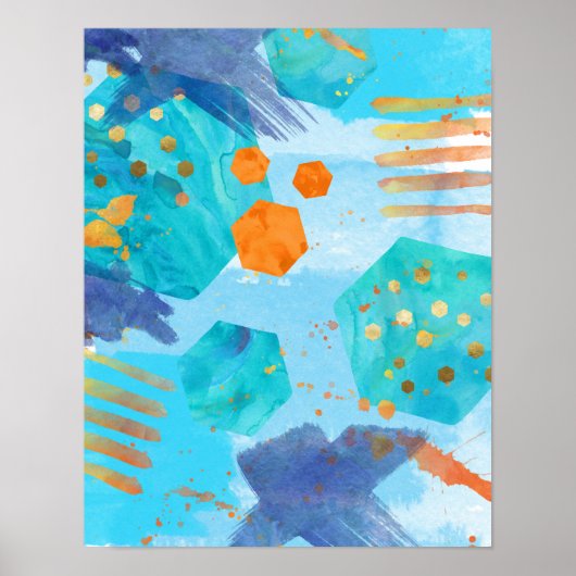 Abstract Blauw en oranje waterverf poster print (Voorkant)