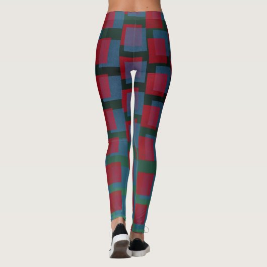 Abstract Blauw en Rood Patroon met Vierkanten Leggings (Achterkant)