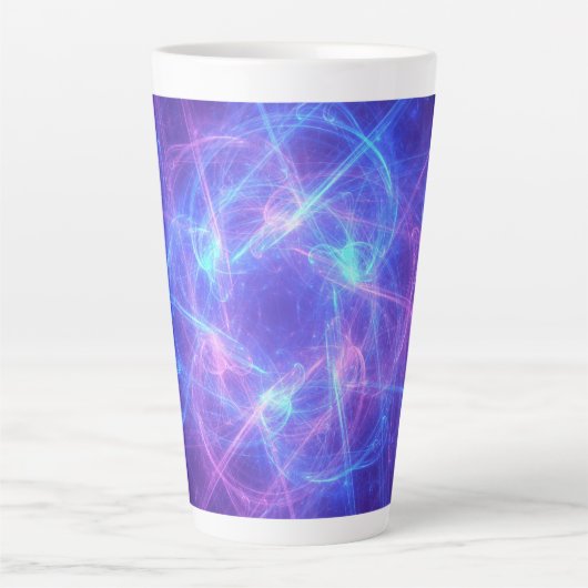 Abstract blauw en roze spiraalvormige fractal latte mok (Voorkant)