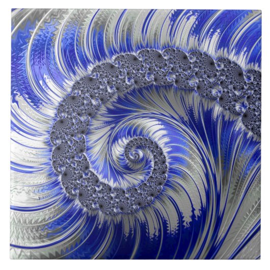 Abstract Blauw en Witte Spiral Fractal Tegeltje (Voorkant)