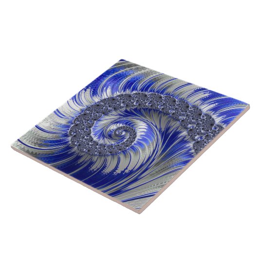 Abstract Blauw en Witte Spiral Fractal Tegeltje (Zijkant)