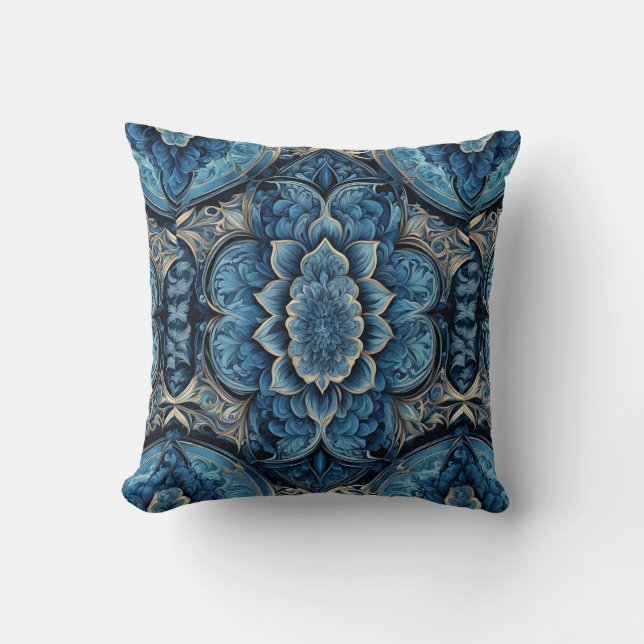 Abstract Blauw en Zilver Bloemen Kussen (Voorkant)