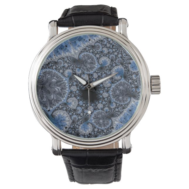 Abstract Blauw en zwart Intricate Fractal Horloge (Voorkant)