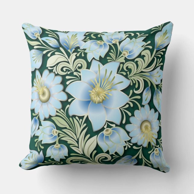 Abstract Blauw Floral Ornament op groene achtergro Kussen (Voorkant)